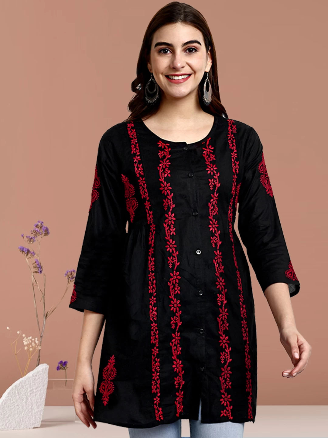 Ada Hand Embroidered Black And Red Cotton Lucknowi Chikankari Short Kurti A911377