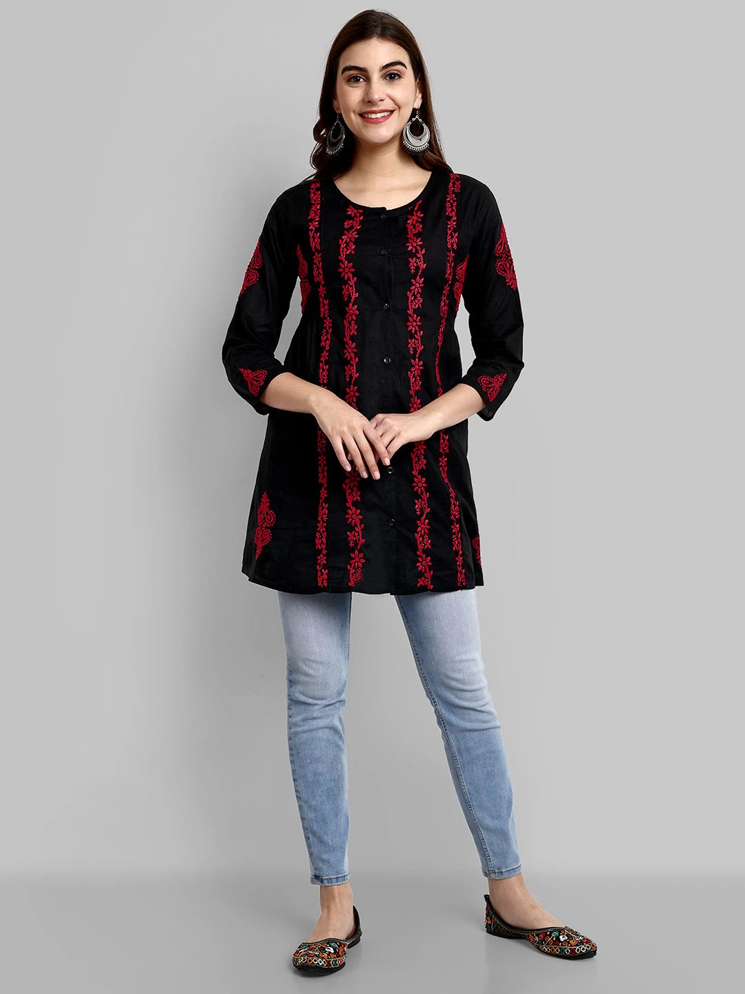 Ada Hand Embroidered Black And Red Cotton Lucknowi Chikankari Short Kurti A911377