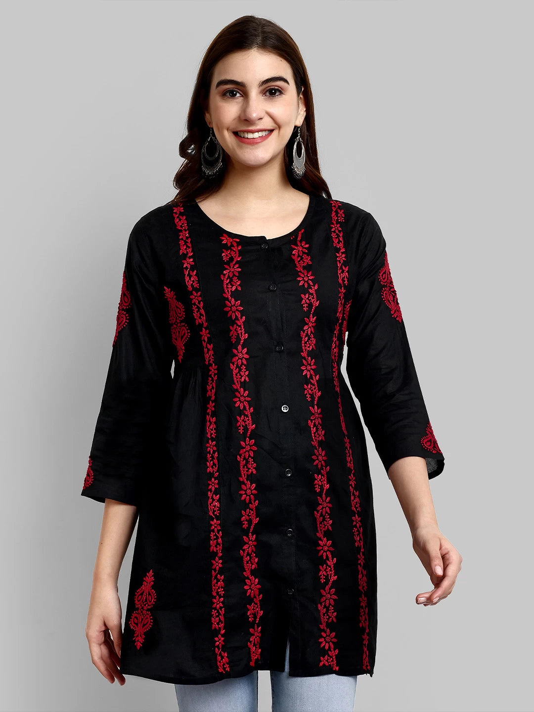 Ada Hand Embroidered Black And Red Cotton Lucknowi Chikankari Short Kurti A911377