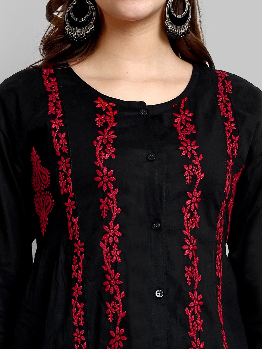 Ada Hand Embroidered Black And Red Cotton Lucknowi Chikankari Short Kurti A911377