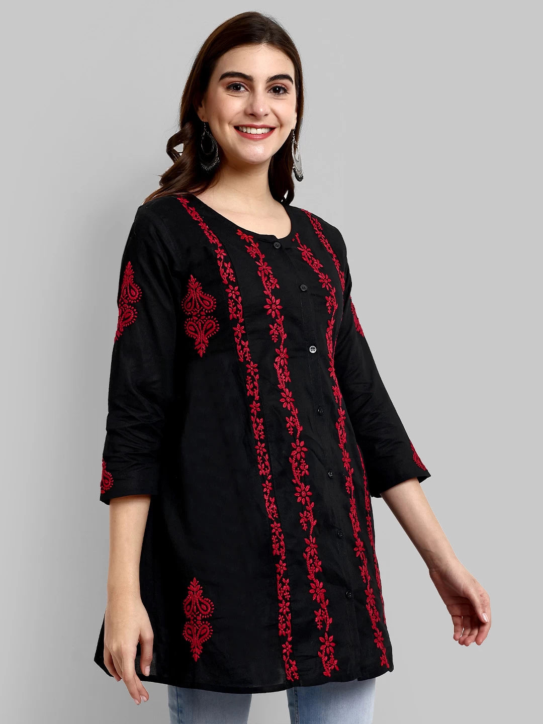 Ada Hand Embroidered Black And Red Cotton Lucknowi Chikankari Short Kurti A911377