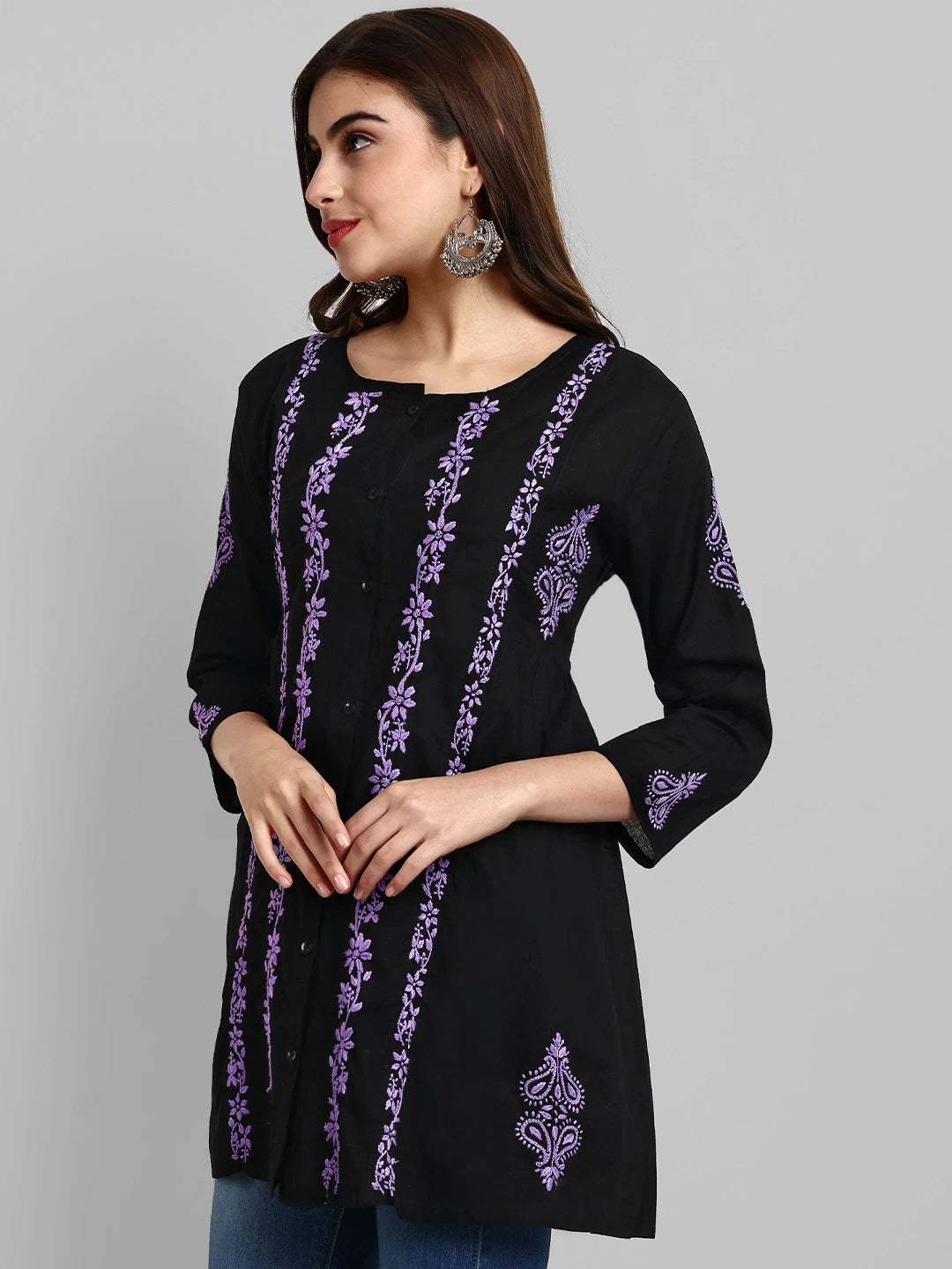 Ada Hand Embroidered Black And Purple Cotton Lucknowi Chikankari Short Kurti A911375