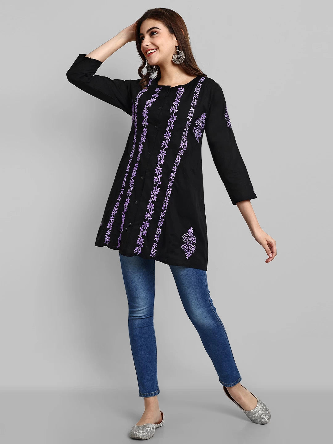 Ada Hand Embroidered Black And Purple Cotton Lucknowi Chikankari Short Kurti A911375