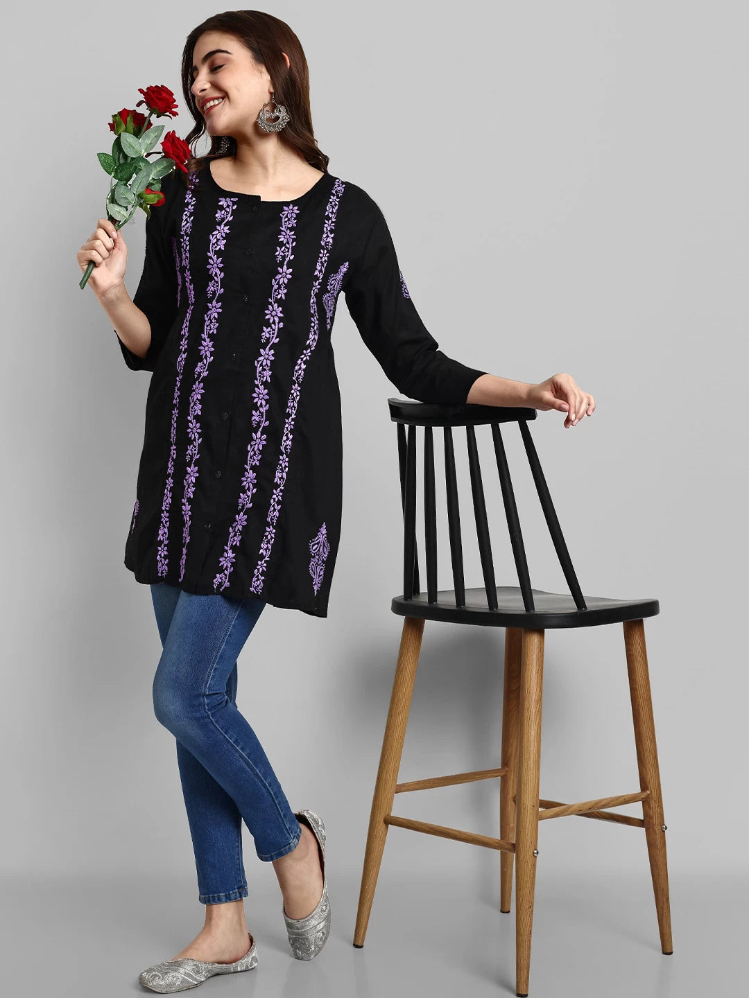 Ada Hand Embroidered Black And Purple Cotton Lucknowi Chikankari Short Kurti A911375