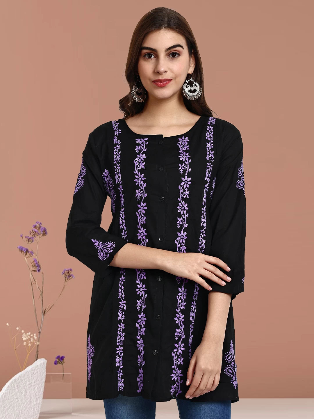 Ada Hand Embroidered Black And Purple Cotton Lucknowi Chikankari Short Kurti A911375