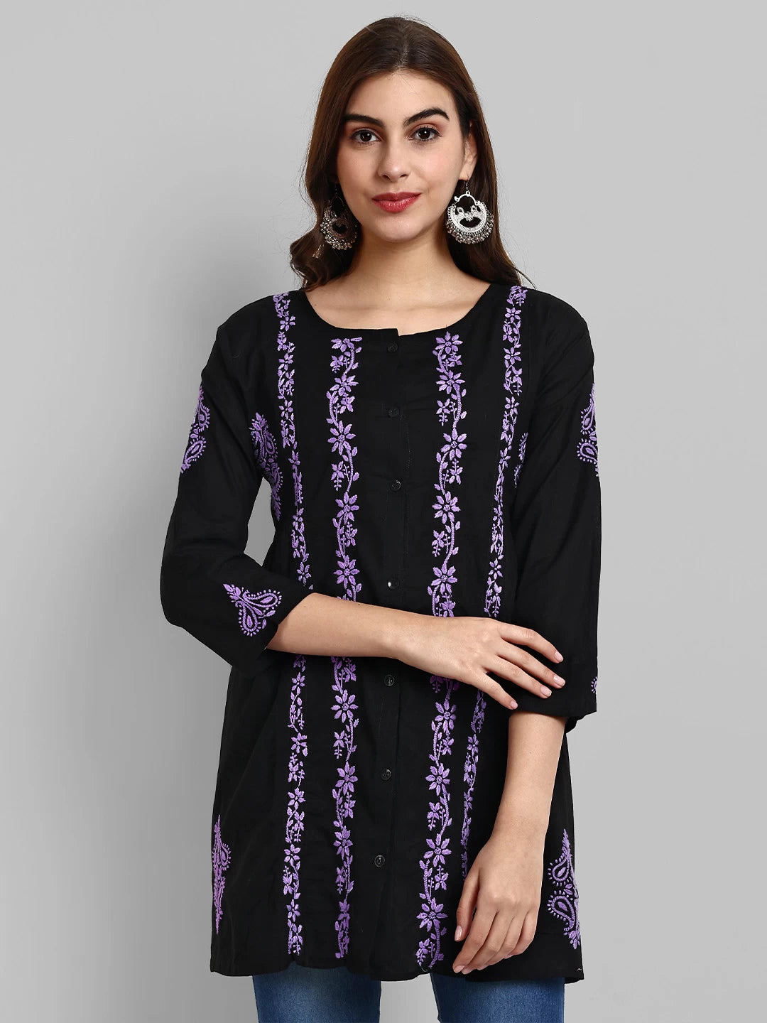 Ada Hand Embroidered Black And Purple Cotton Lucknowi Chikankari Short Kurti A911375