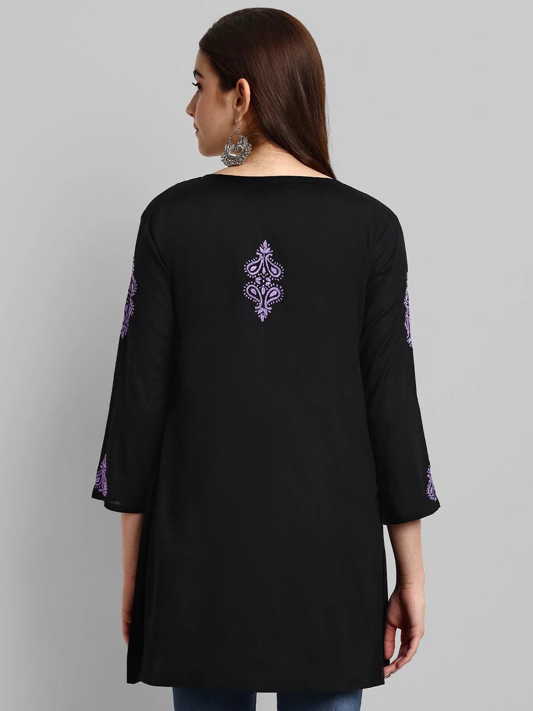 Ada Hand Embroidered Black And Purple Cotton Lucknowi Chikankari Short Kurti A911375