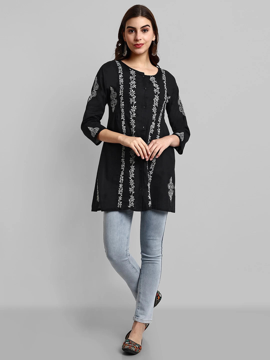 Ada Hand Embroidered Black And Grey Cotton Lucknowi Chikankari Short Kurti A911372