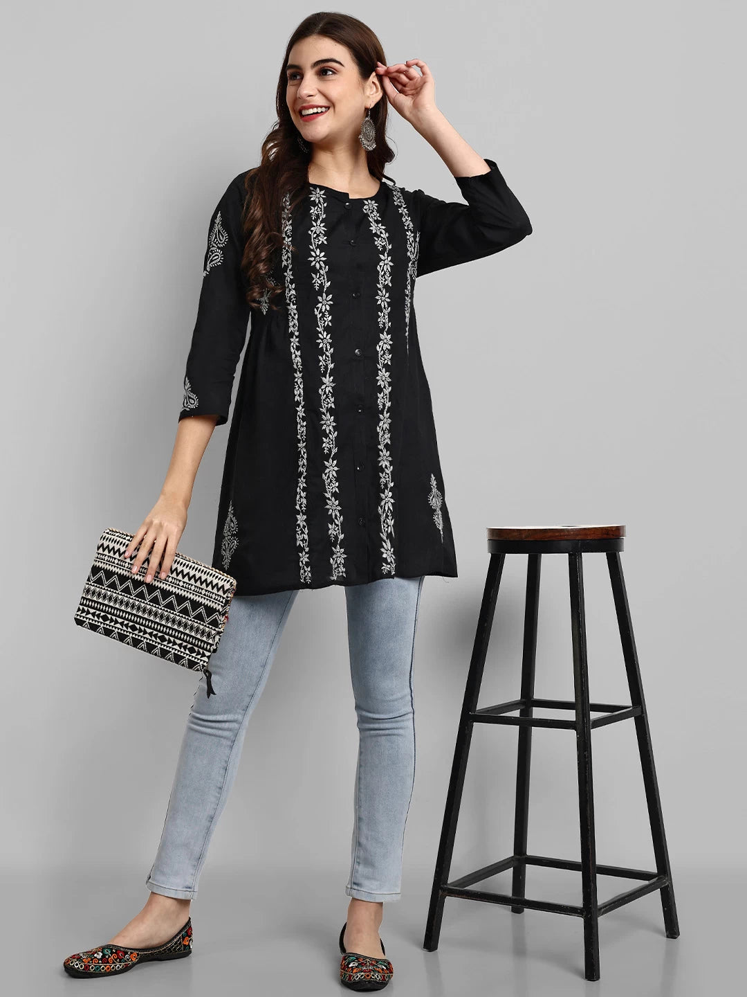 Ada Hand Embroidered Black And Grey Cotton Lucknowi Chikankari Short Kurti A911372