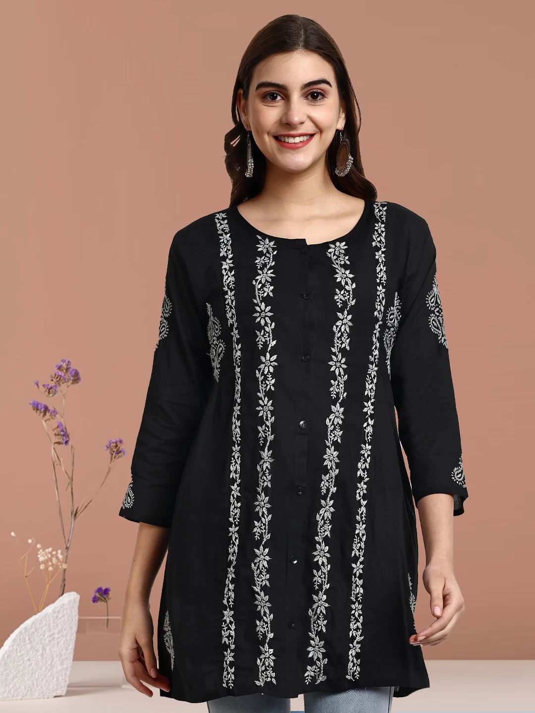 Ada Hand Embroidered Black And Grey Cotton Lucknowi Chikankari Short Kurti A911372