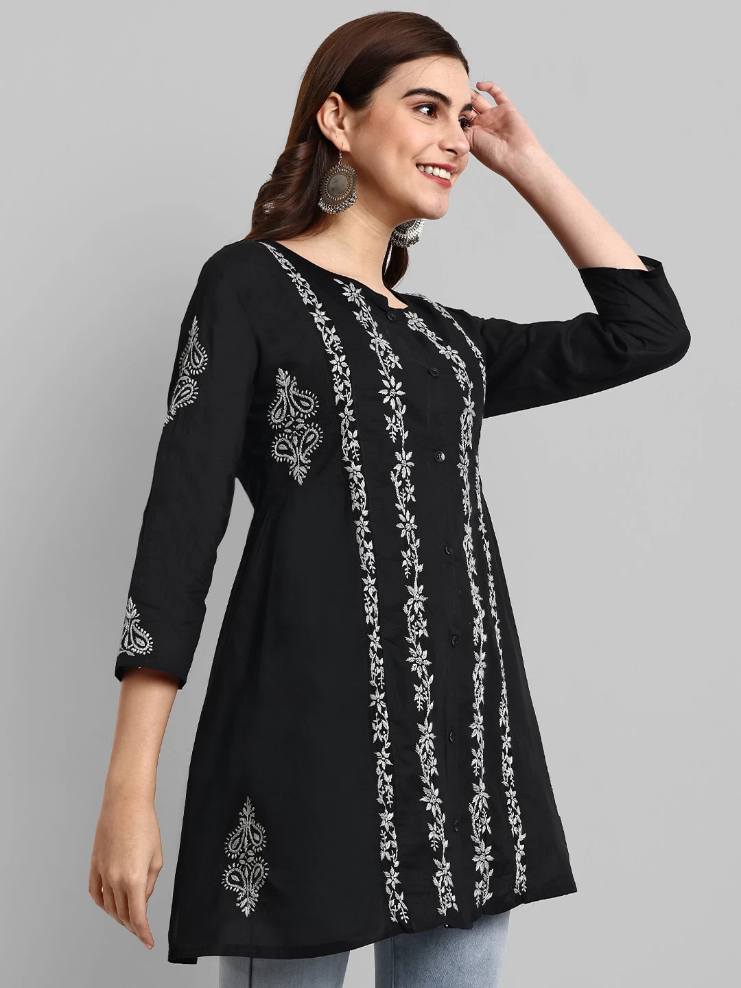 Ada Hand Embroidered Black And Grey Cotton Lucknowi Chikankari Short Kurti A911372