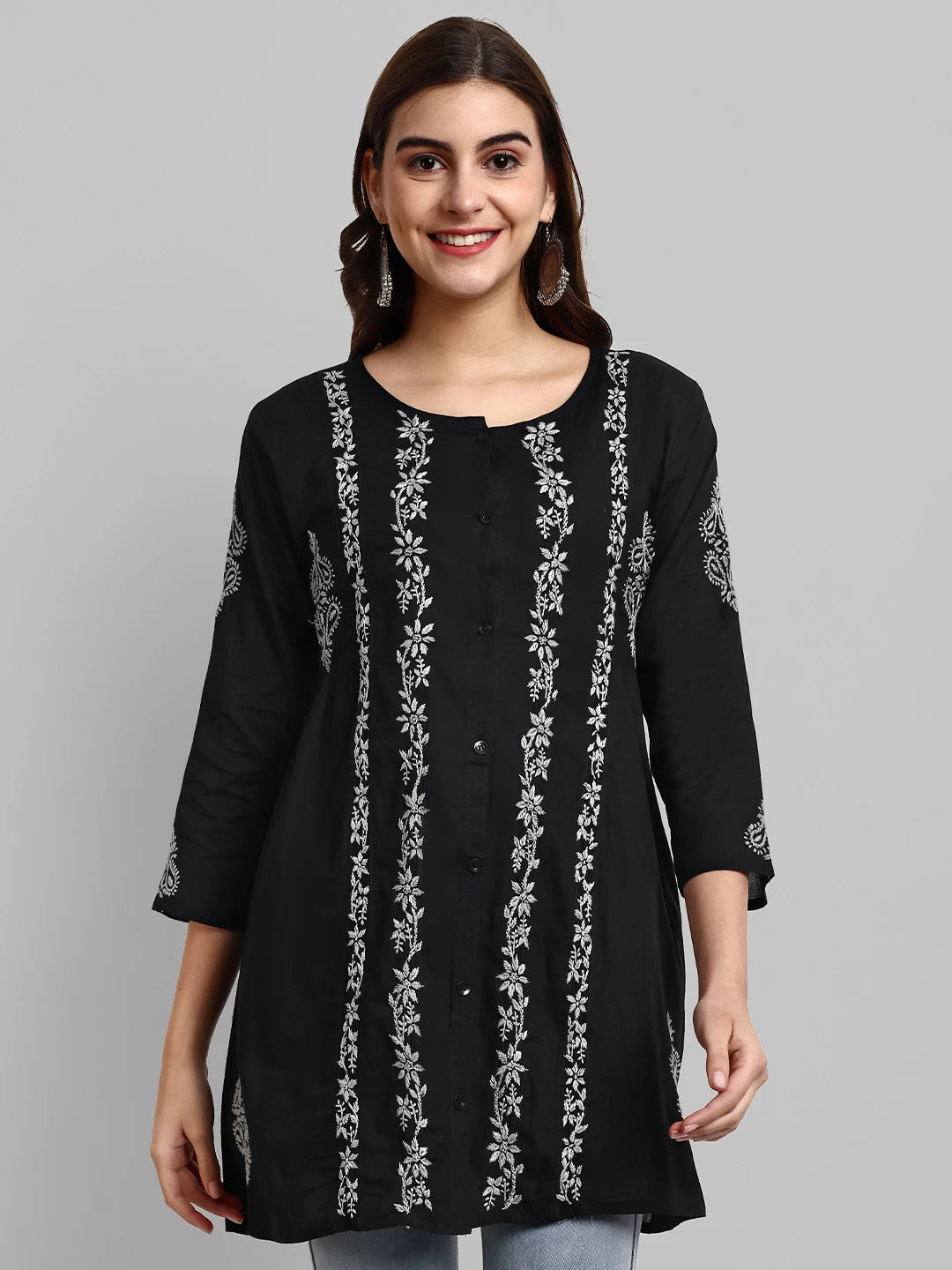 Ada Hand Embroidered Black And Grey Cotton Lucknowi Chikankari Short Kurti A911372