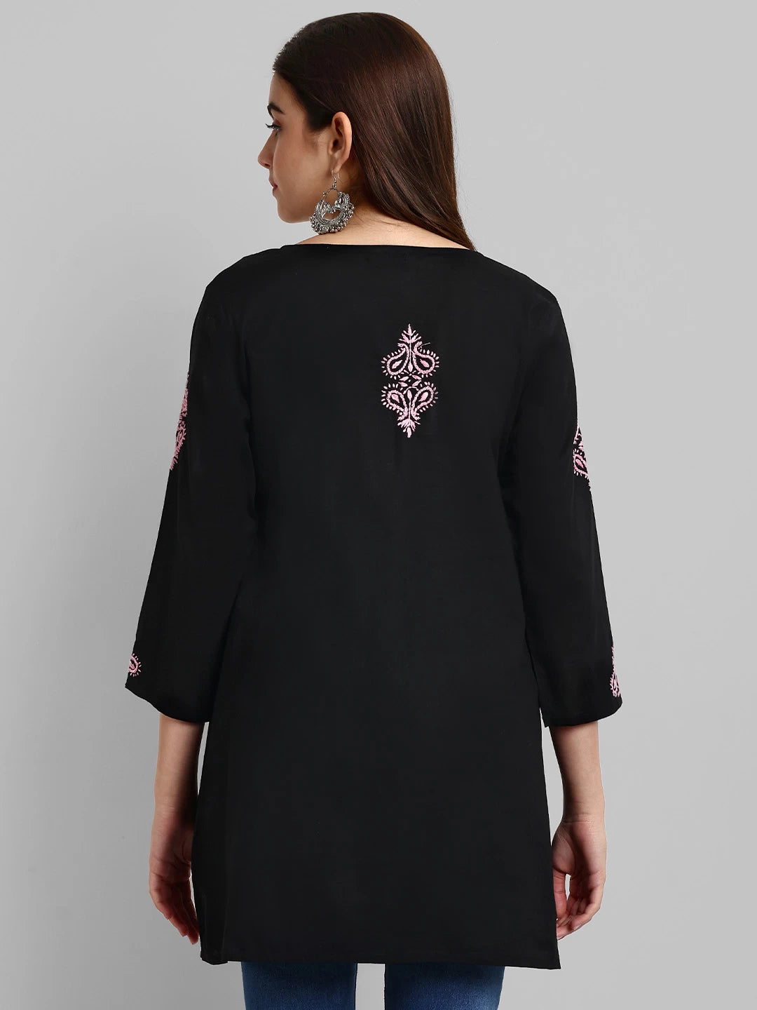 Ada Hand Embroidered Black And Pink Cotton Lucknowi Chikankari Short Kurti A911374