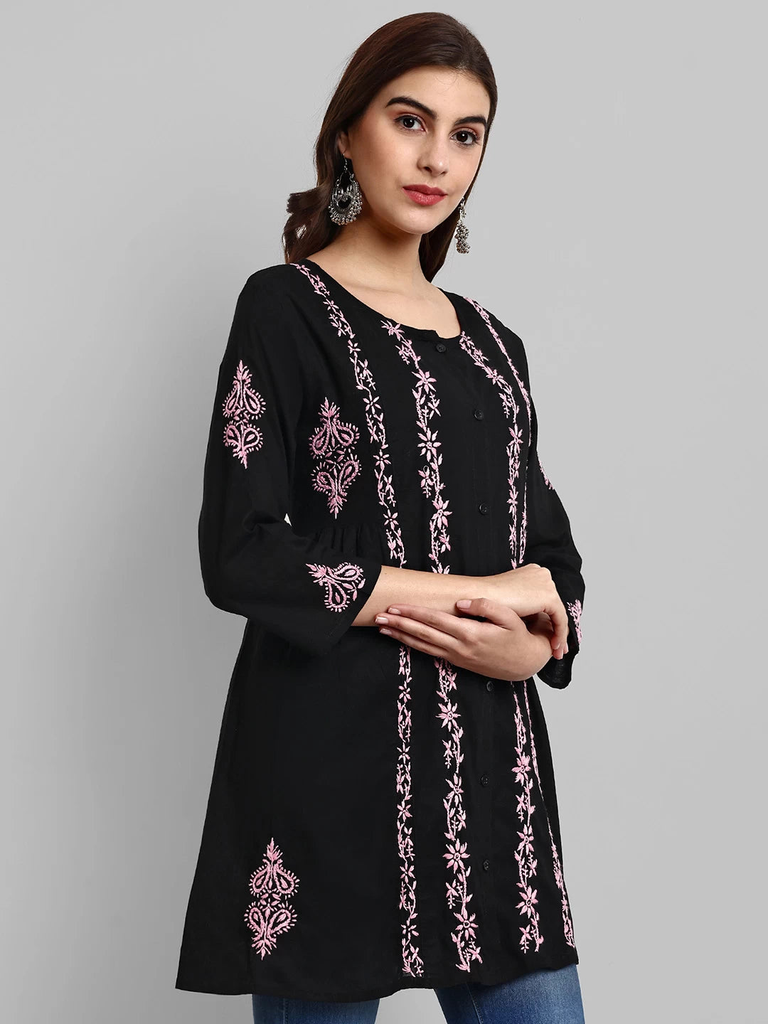 Ada Hand Embroidered Black And Pink Cotton Lucknowi Chikankari Short Kurti A911374