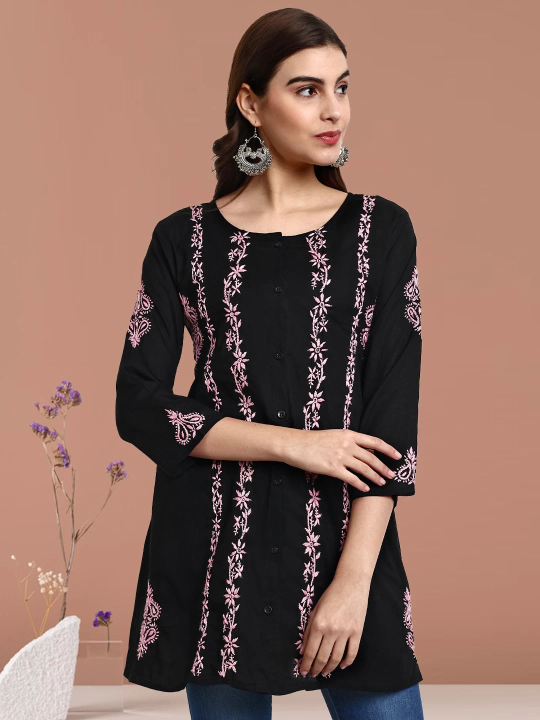 Ada Hand Embroidered Black And Pink Cotton Lucknowi Chikankari Short Kurti A911374
