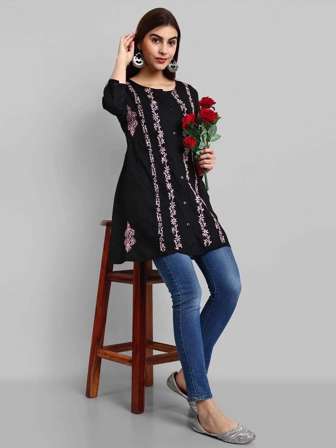 Ada Hand Embroidered Black And Pink Cotton Lucknowi Chikankari Short Kurti A911374