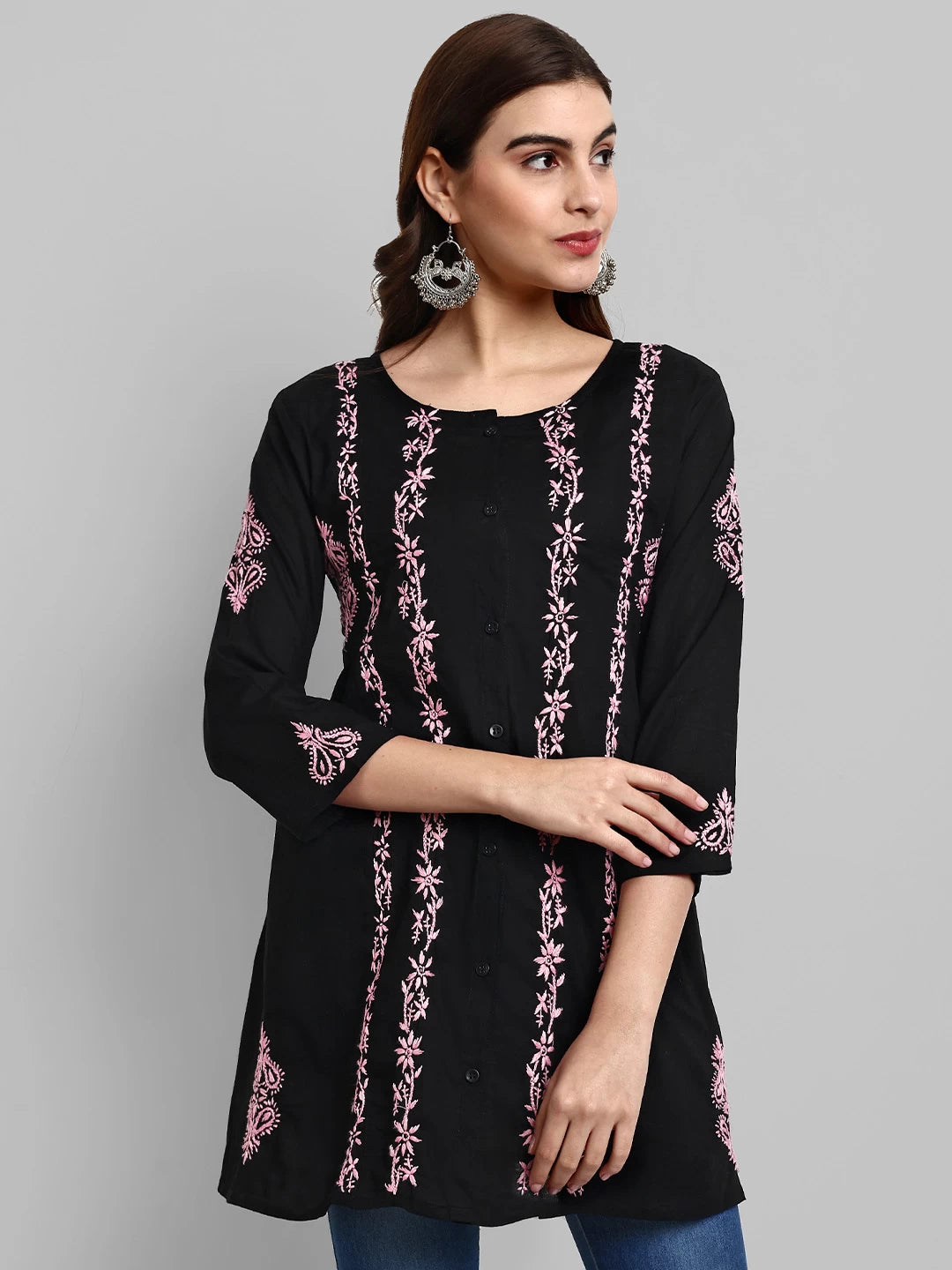 Ada Hand Embroidered Black And Pink Cotton Lucknowi Chikankari Short Kurti A911374