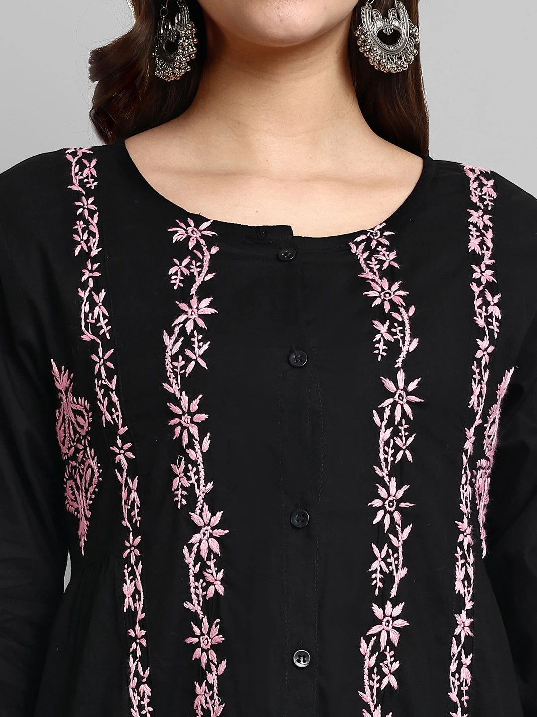 Ada Hand Embroidered Black And Pink Cotton Lucknowi Chikankari Short Kurti A911374