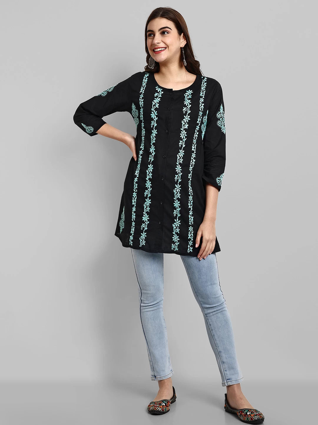 Ada Hand Embroidered Black And Green Cotton Lucknowi Chikankari Short Kurti A911373