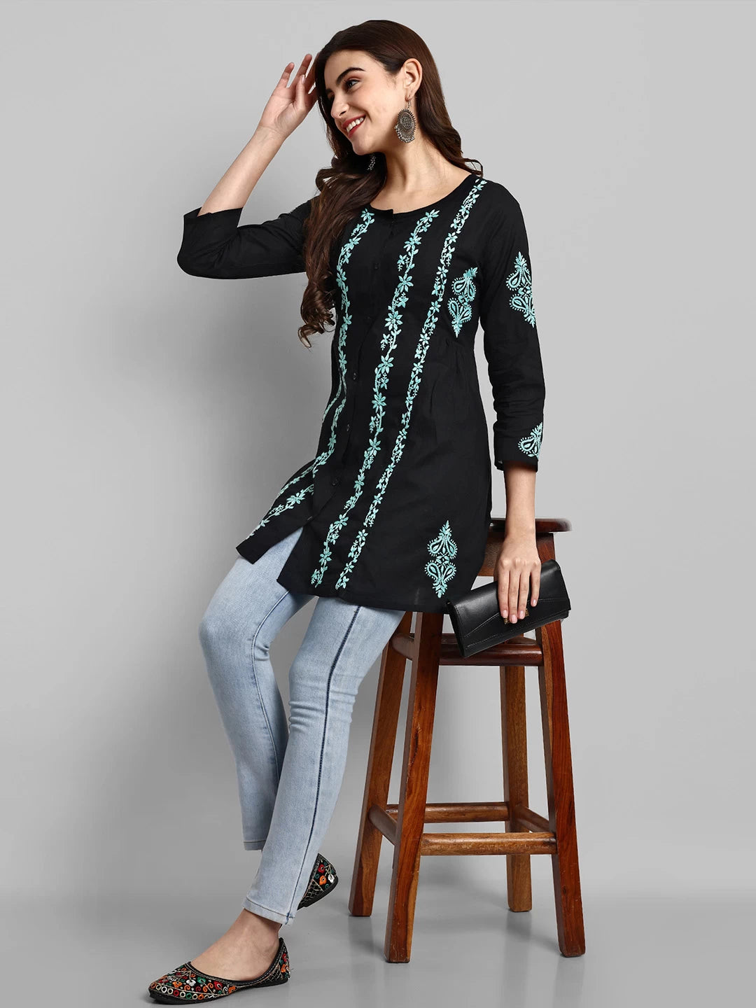 Ada Hand Embroidered Black And Green Cotton Lucknowi Chikankari Short Kurti A911373