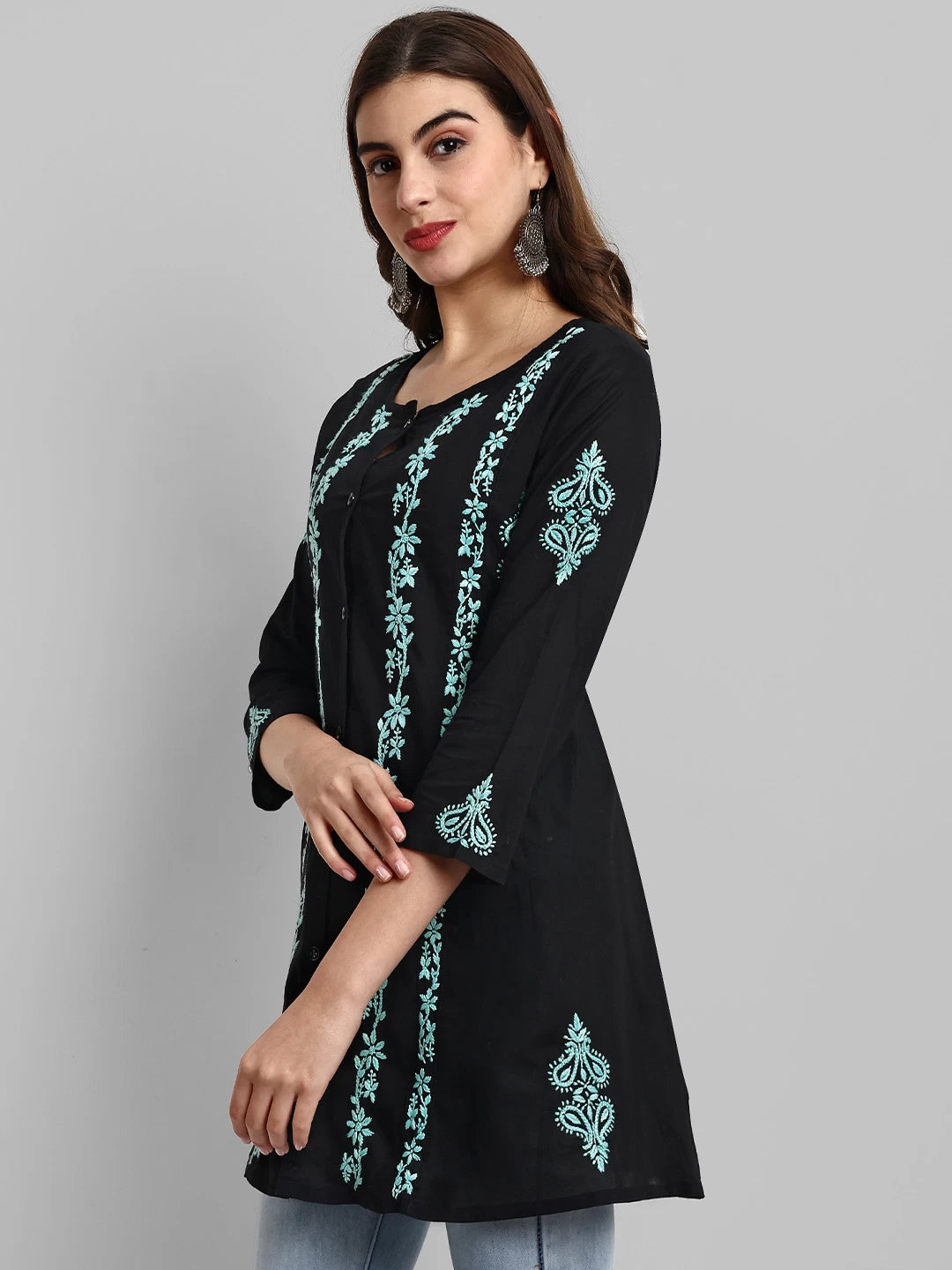 Ada Hand Embroidered Black And Green Cotton Lucknowi Chikankari Short Kurti A911373