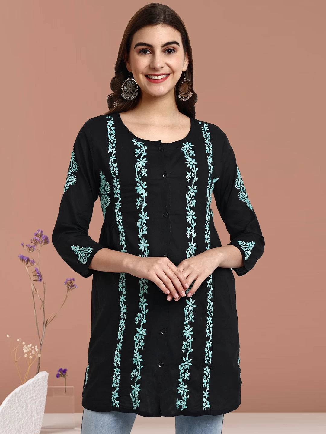 Ada Hand Embroidered Black And Green Cotton Lucknowi Chikankari Short Kurti A911373