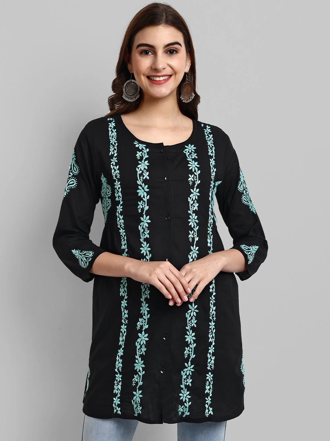 Ada Hand Embroidered Black And Green Cotton Lucknowi Chikankari Short Kurti A911373