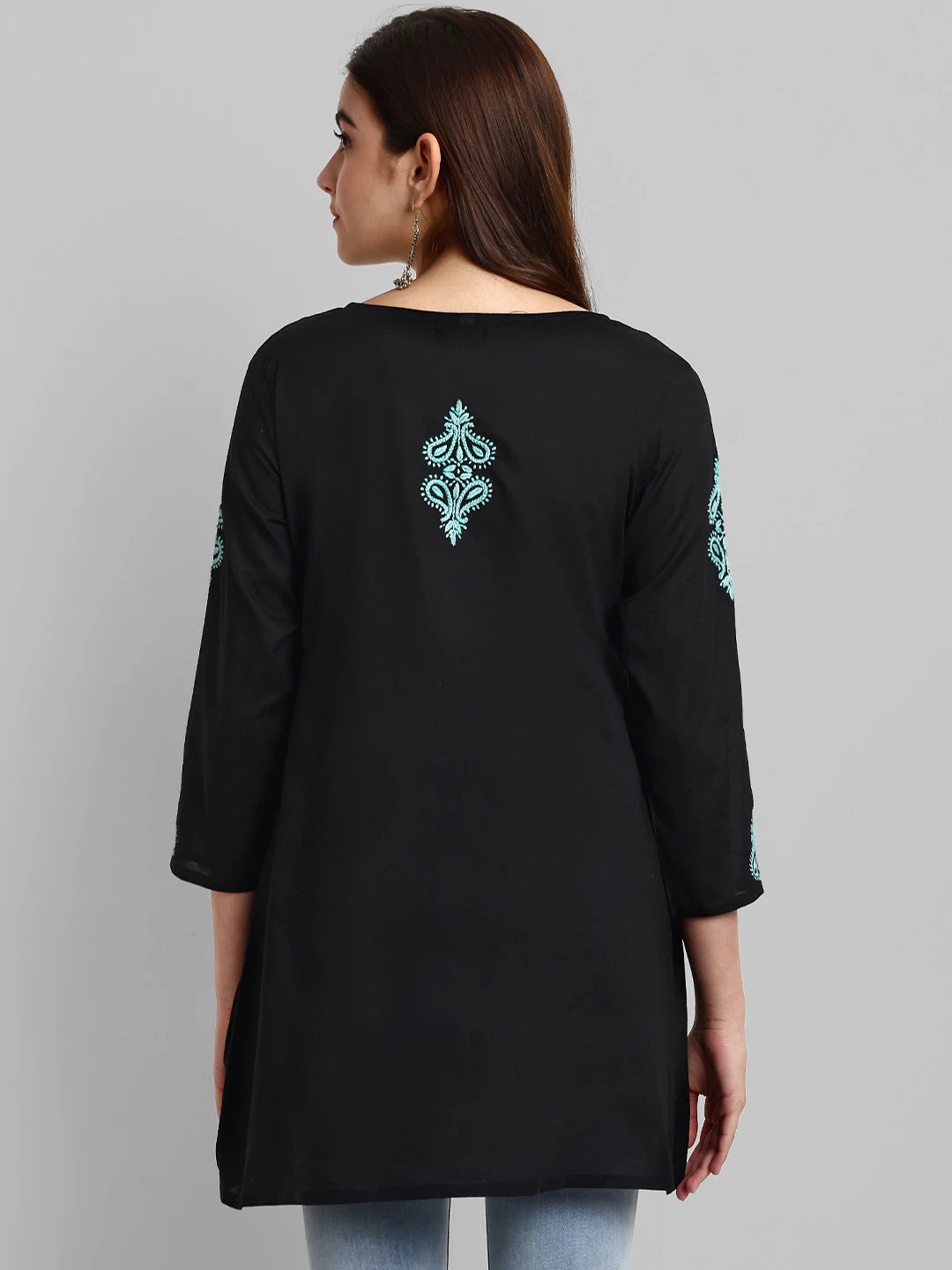 Ada Hand Embroidered Black And Green Cotton Lucknowi Chikankari Short Kurti A911373