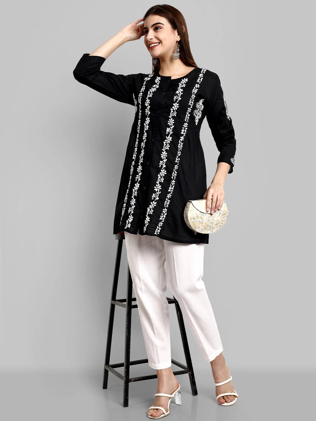 Ada Hand Embroidered Black And White Cotton Lucknowi Chikankari Short Kurti A911376