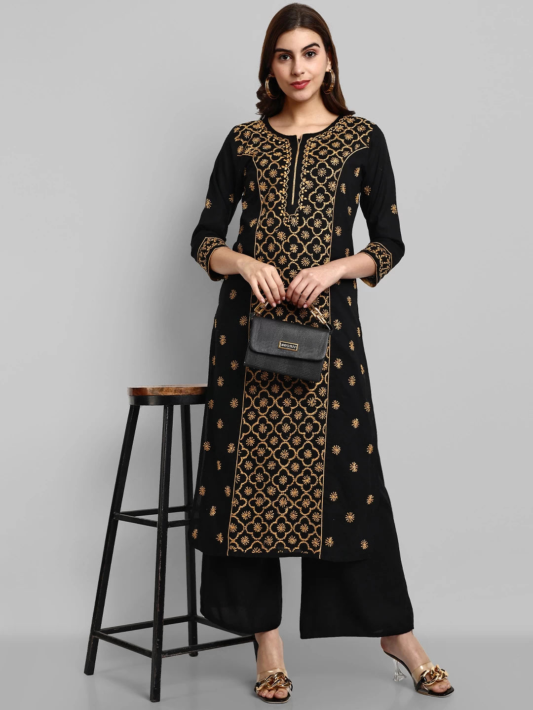 Ada Hand Embroidered Black And Fawn Cotton Lucknowi Chikankari Straight Long Kurta A411480