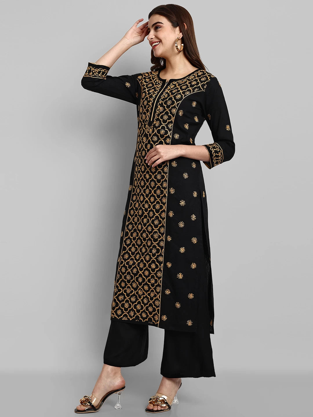 Ada Hand Embroidered Black And Fawn Cotton Lucknowi Chikankari Straight Long Kurta A411480