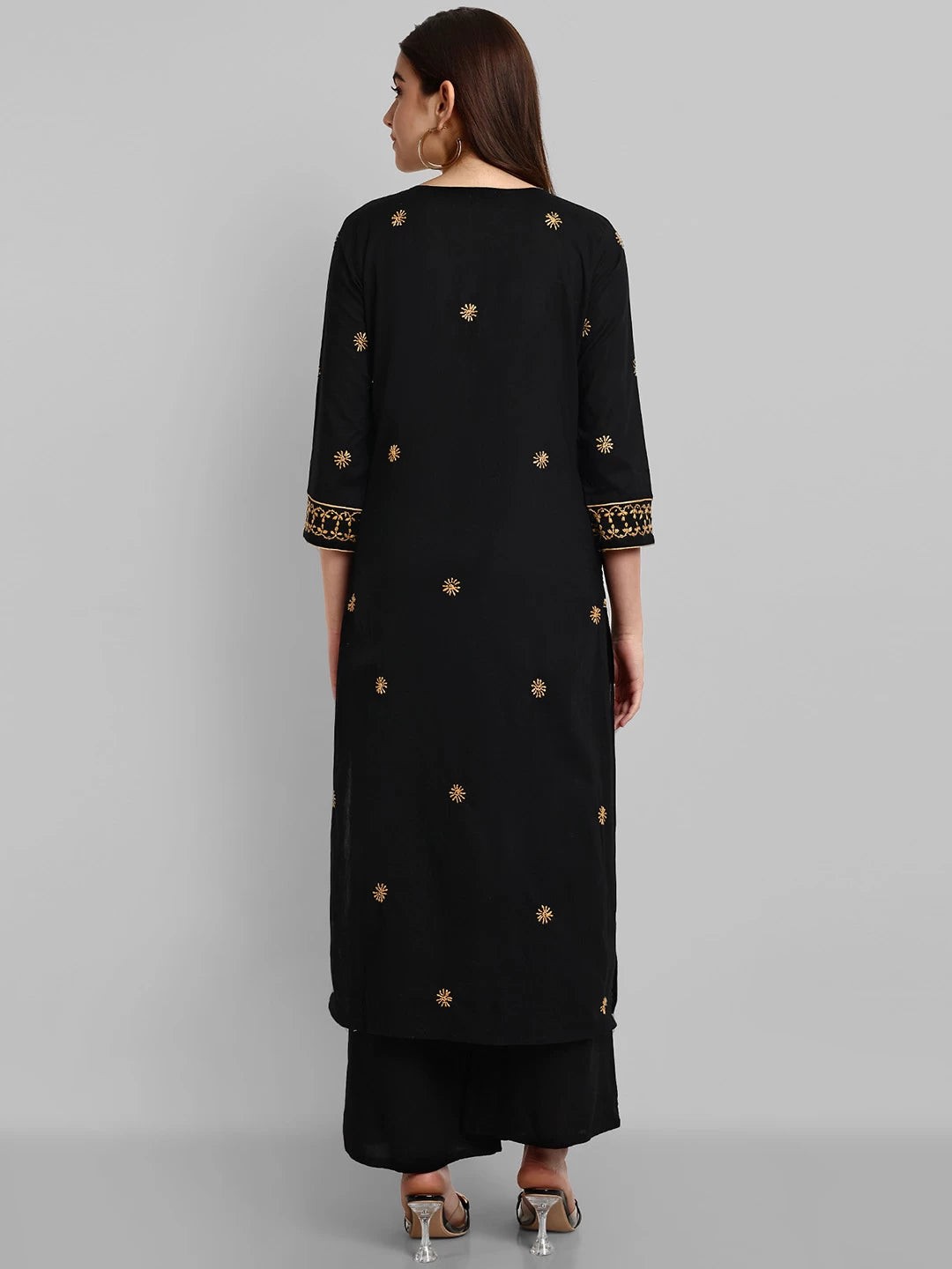 Ada Hand Embroidered Black And Fawn Cotton Lucknowi Chikankari Straight Long Kurta A411480