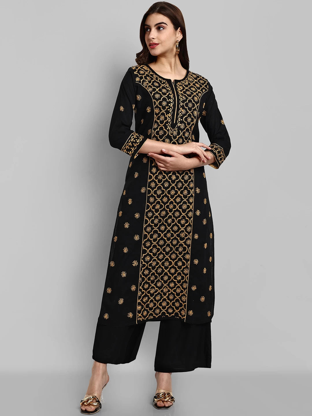 Ada Hand Embroidered Black And Fawn Cotton Lucknowi Chikankari Straight Long Kurta A411480