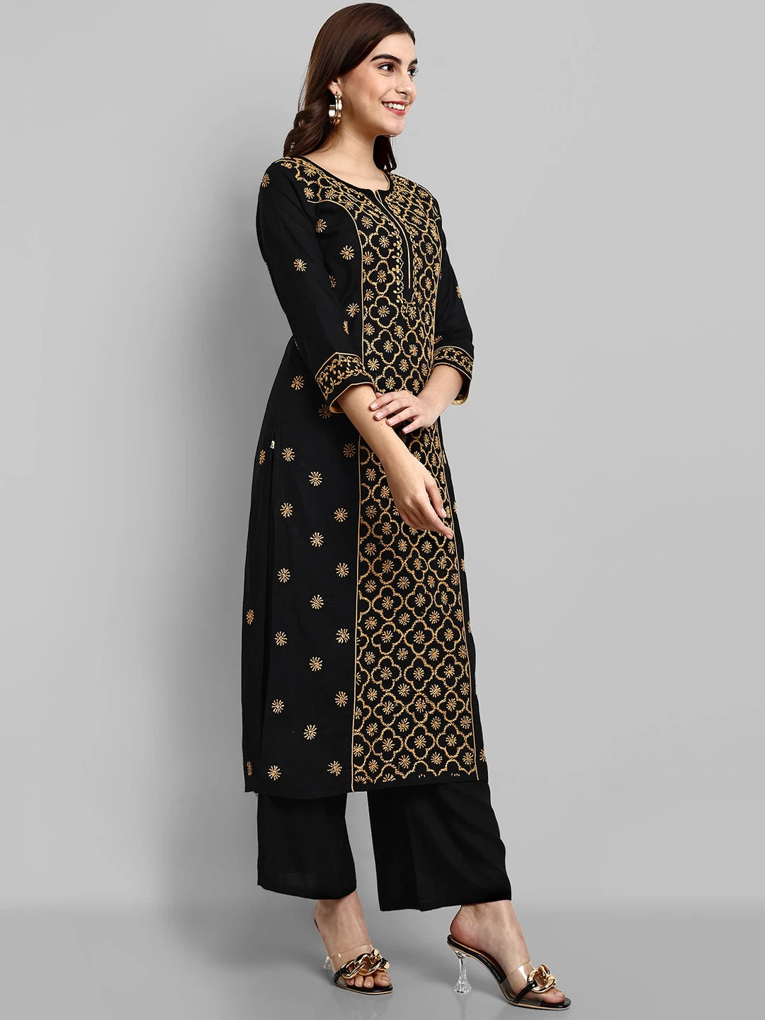 Ada Hand Embroidered Black And Fawn Cotton Lucknowi Chikankari Straight Long Kurta A411480