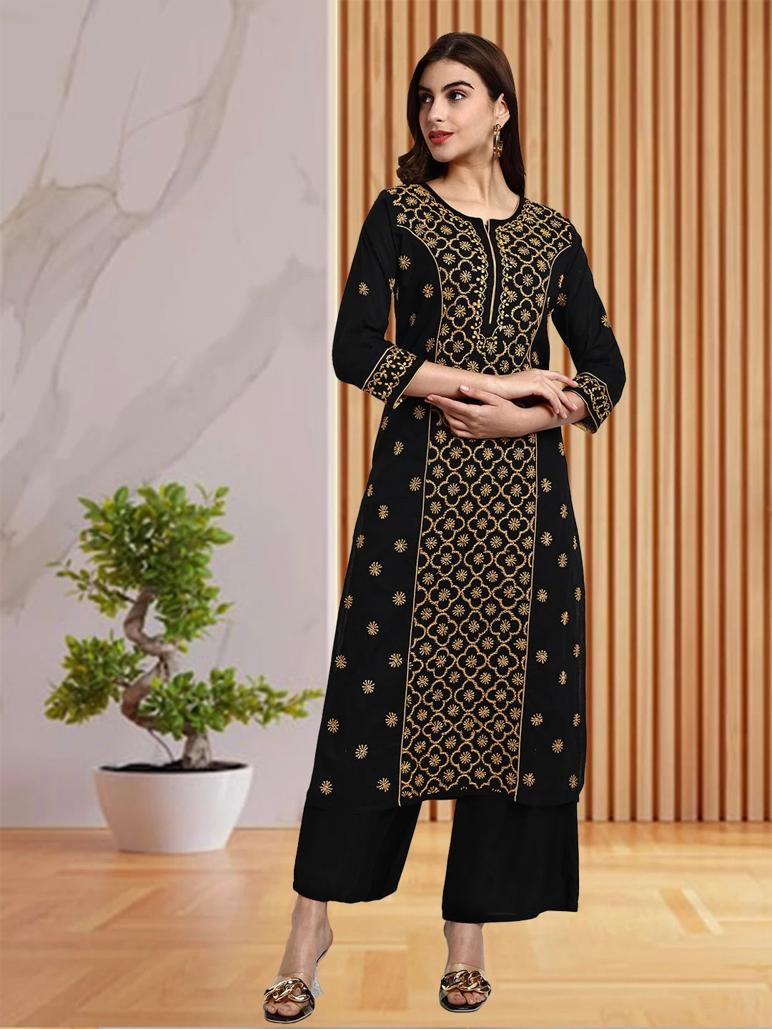 Ada Hand Embroidered Black And Fawn Cotton Lucknowi Chikankari Straight Long Kurta A411480