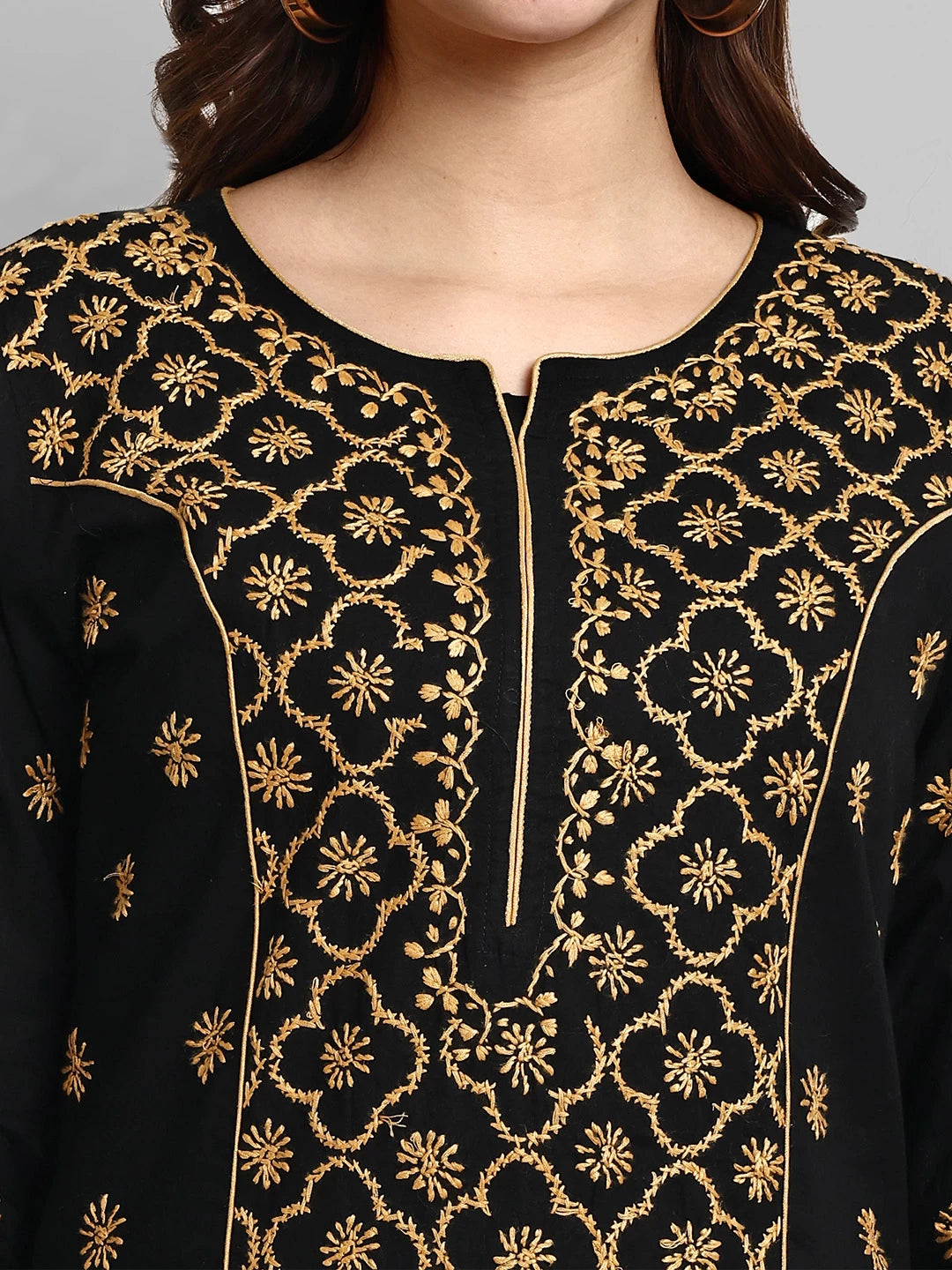 Ada Hand Embroidered Black And Fawn Cotton Lucknowi Chikankari Straight Long Kurta A411480