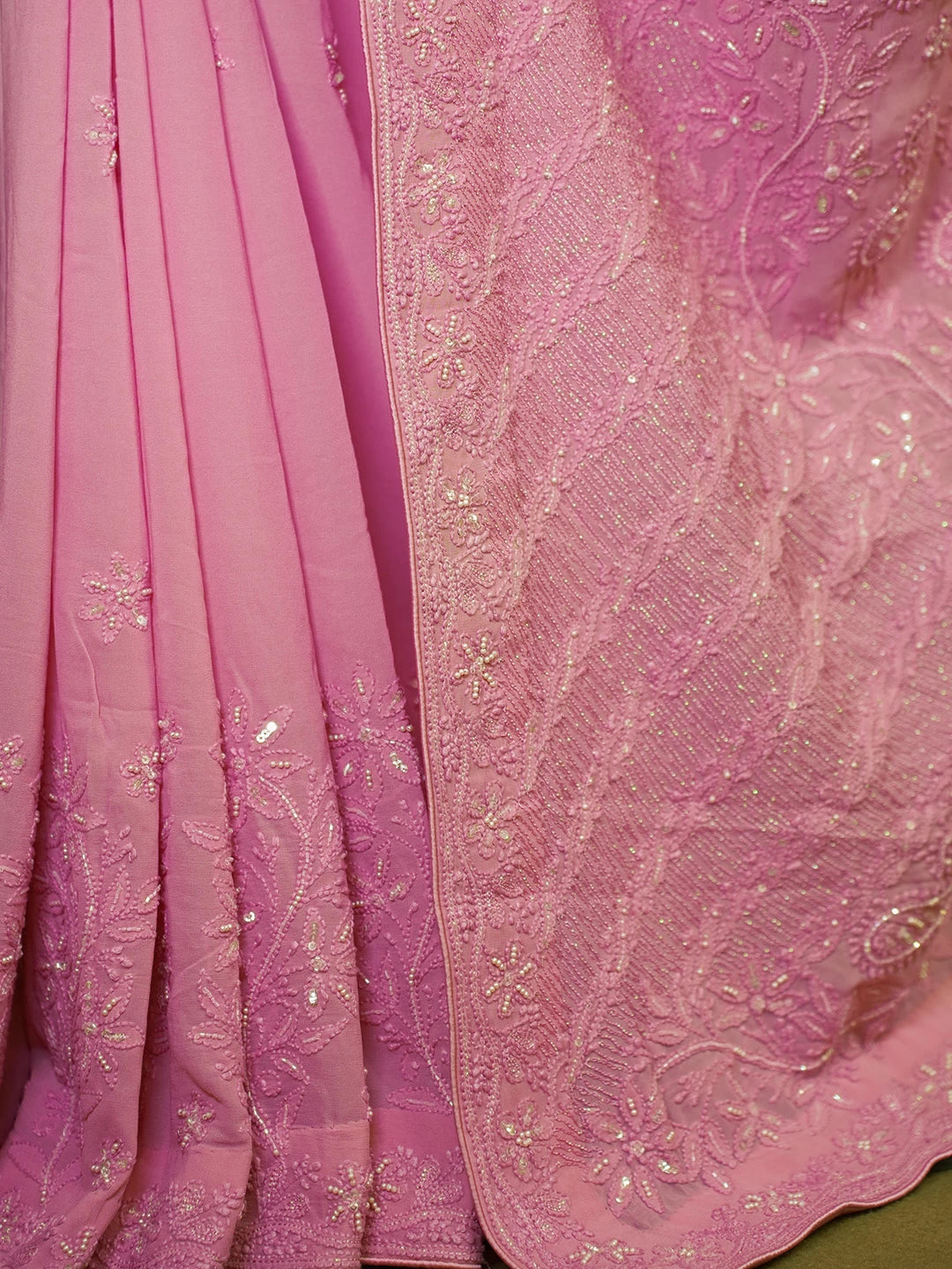 Ada Hand Embroidered Pink Viscose Georgette Lucknowi Chikankari Saree With Blouse And Sequinned Work 01A361830