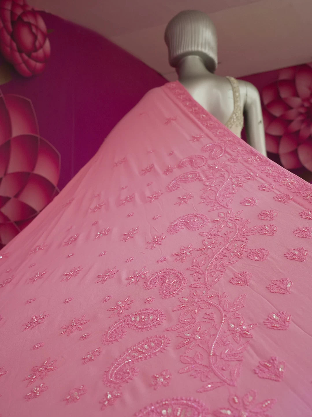 Ada Hand Embroidered Pink Viscose Georgette Lucknowi Chikankari Saree With Blouse And Sequinned Work 01A361830