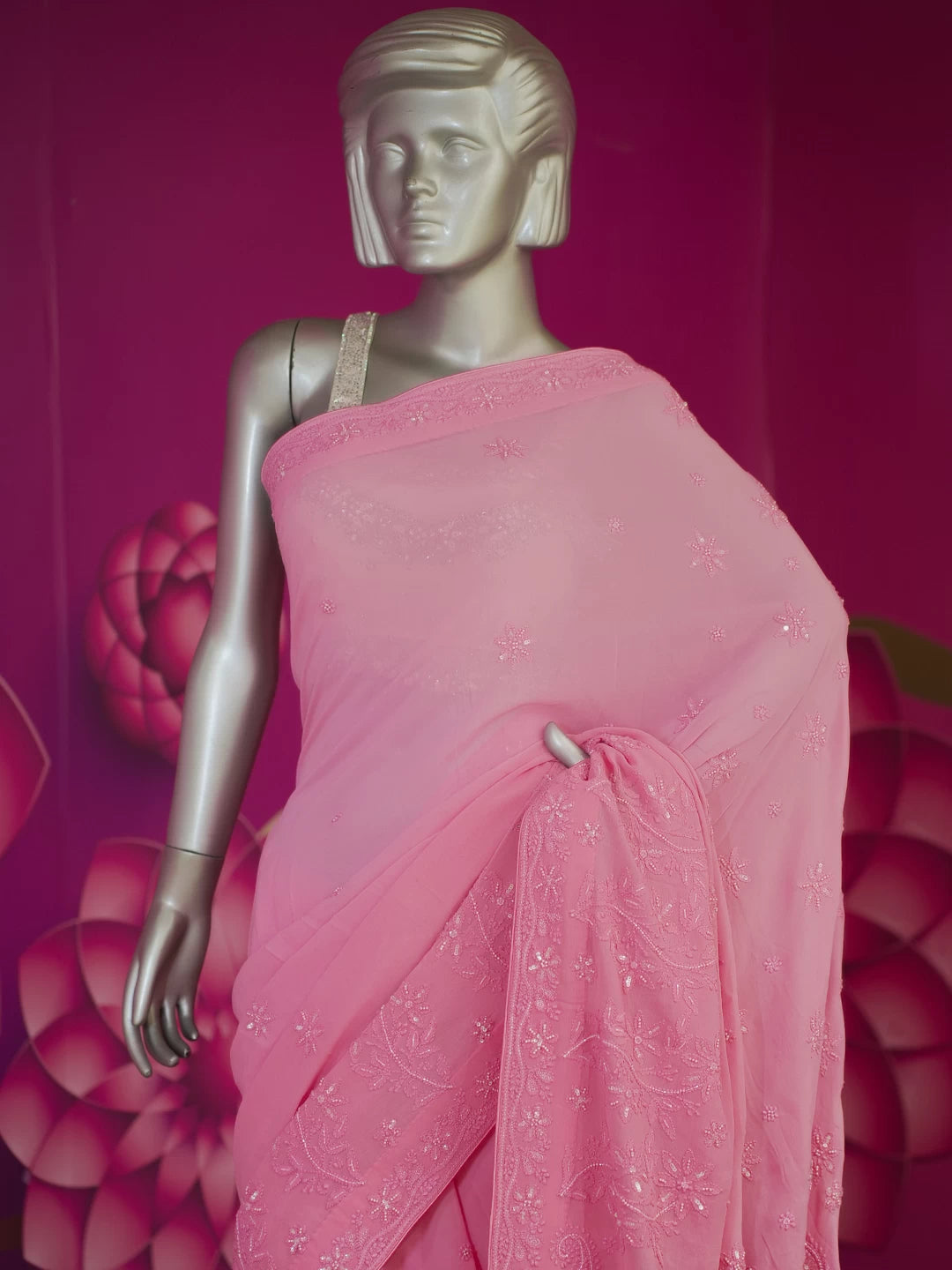 Ada Hand Embroidered Pink Viscose Georgette Lucknowi Chikankari Saree With Blouse And Sequinned Work 01A361830