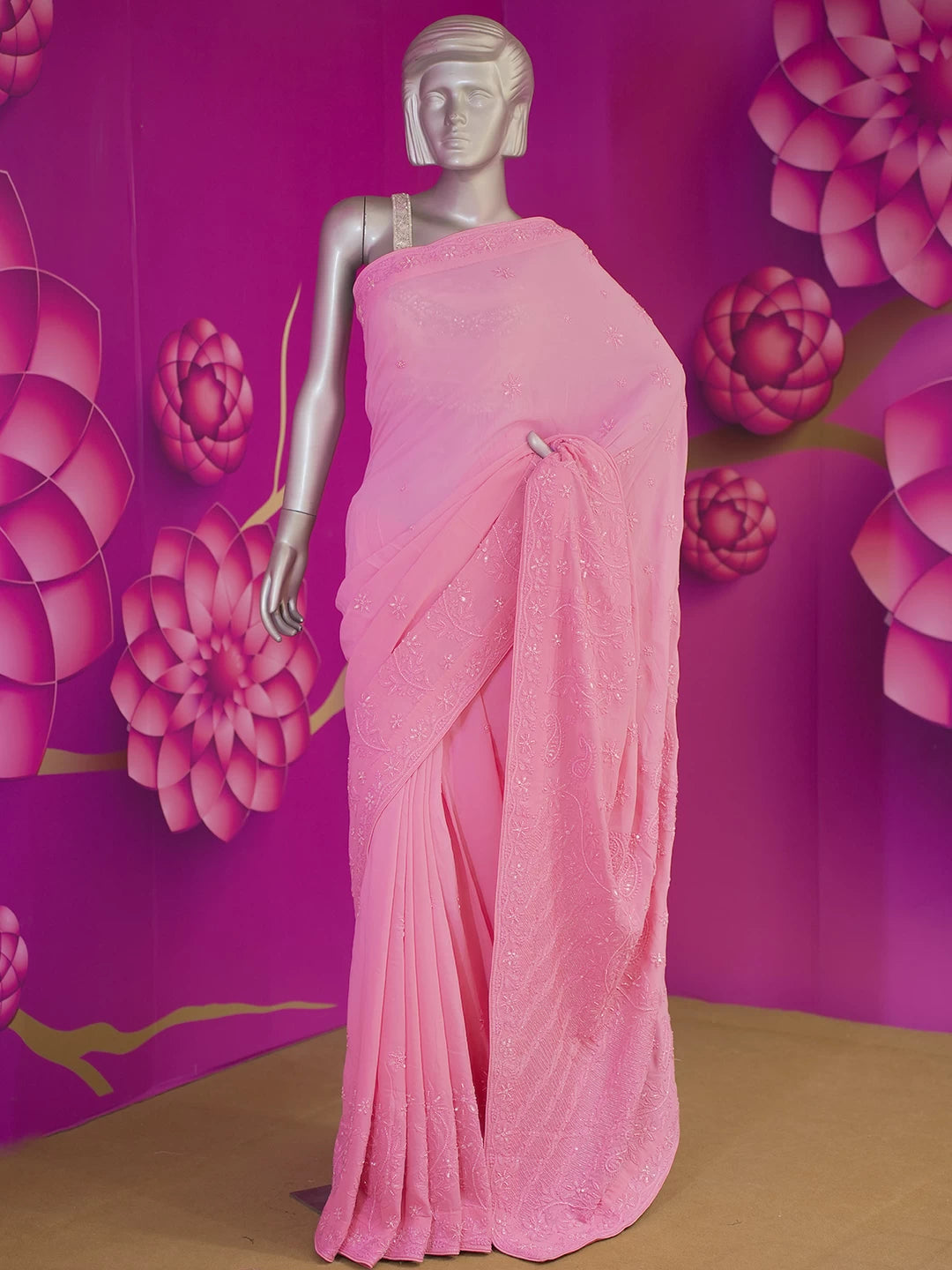 Ada Hand Embroidered Pink Viscose Georgette Lucknowi Chikankari Saree With Blouse And Sequinned Work 01A361830