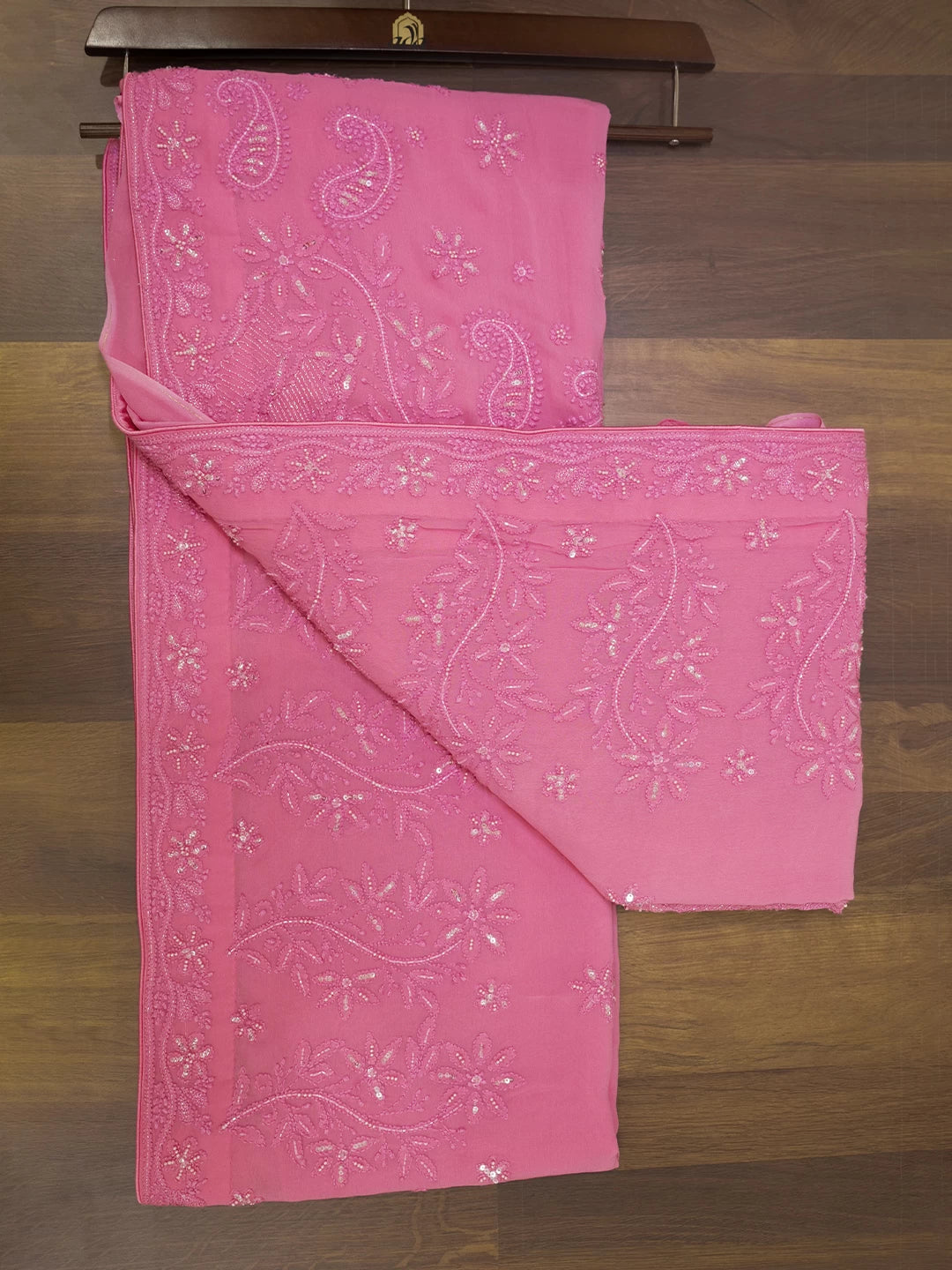 Ada Hand Embroidered Pink Viscose Georgette Lucknowi Chikankari Saree With Blouse And Sequinned Work 01A361830