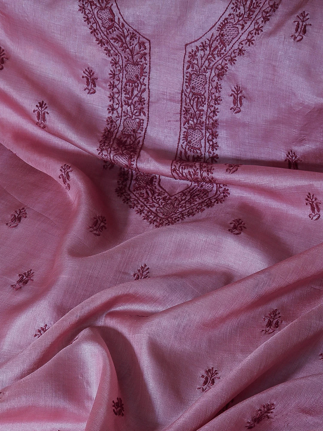Ada Hand Embroidered Onion Pink Silk Lucknowi Chikankari Unstitched Men's Kurta Piece 01A495535