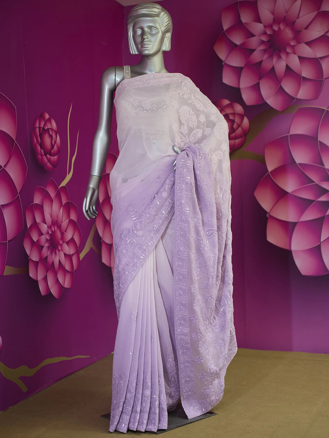 Ada Hand Embroidered Lavender Ombre Shade Viscose Georgette Lucknowi Chikankari Saree With Blouse And Cutdana Work 01A439019