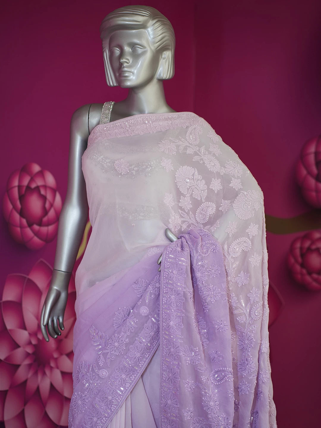 Ada Hand Embroidered Lavender Ombre Shade Viscose Georgette Lucknowi Chikankari Saree With Blouse And Cutdana Work 01A439019