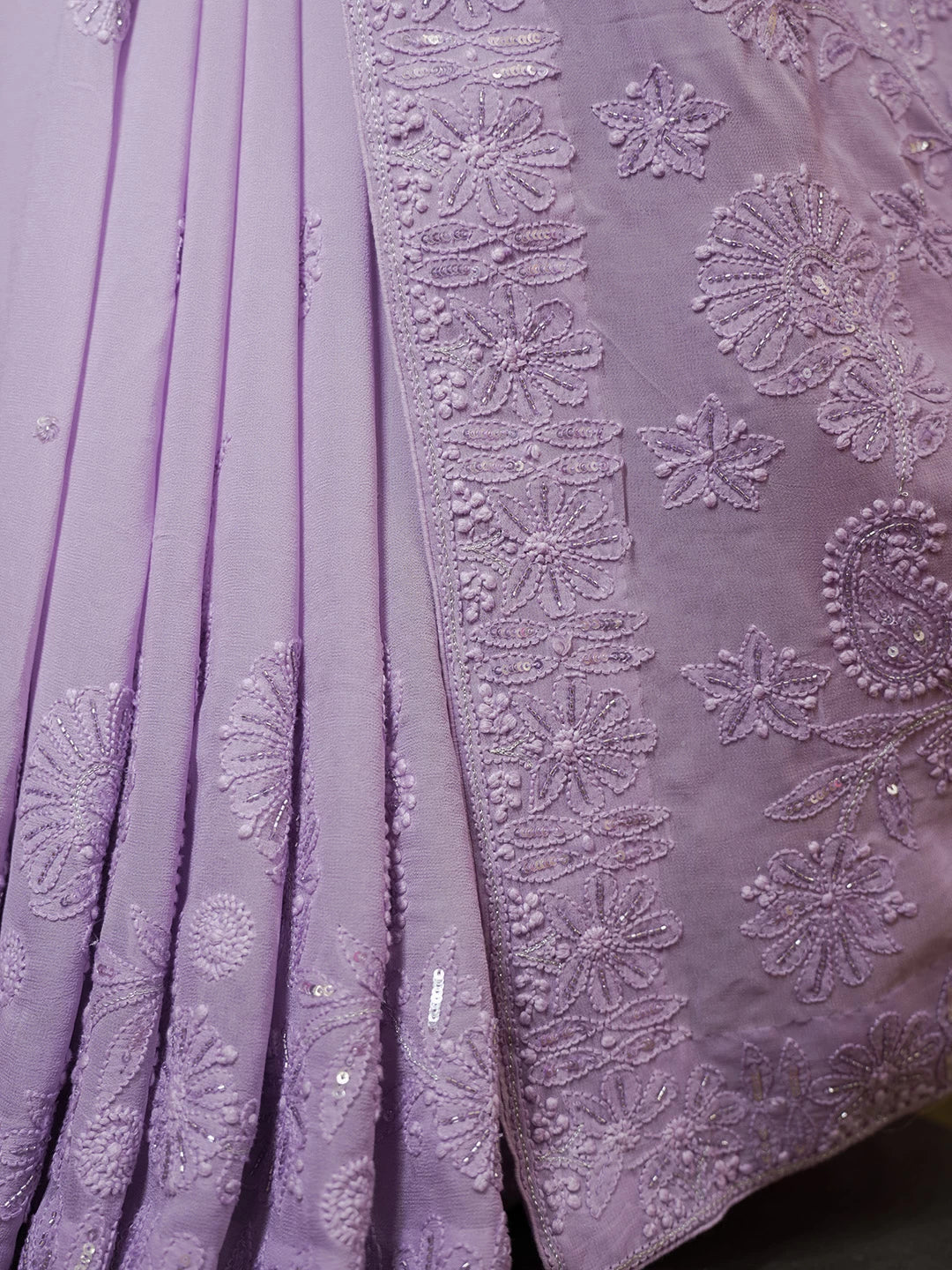 Ada Hand Embroidered Lavender Ombre Shade Viscose Georgette Lucknowi Chikankari Saree With Blouse And Cutdana Work 01A439019