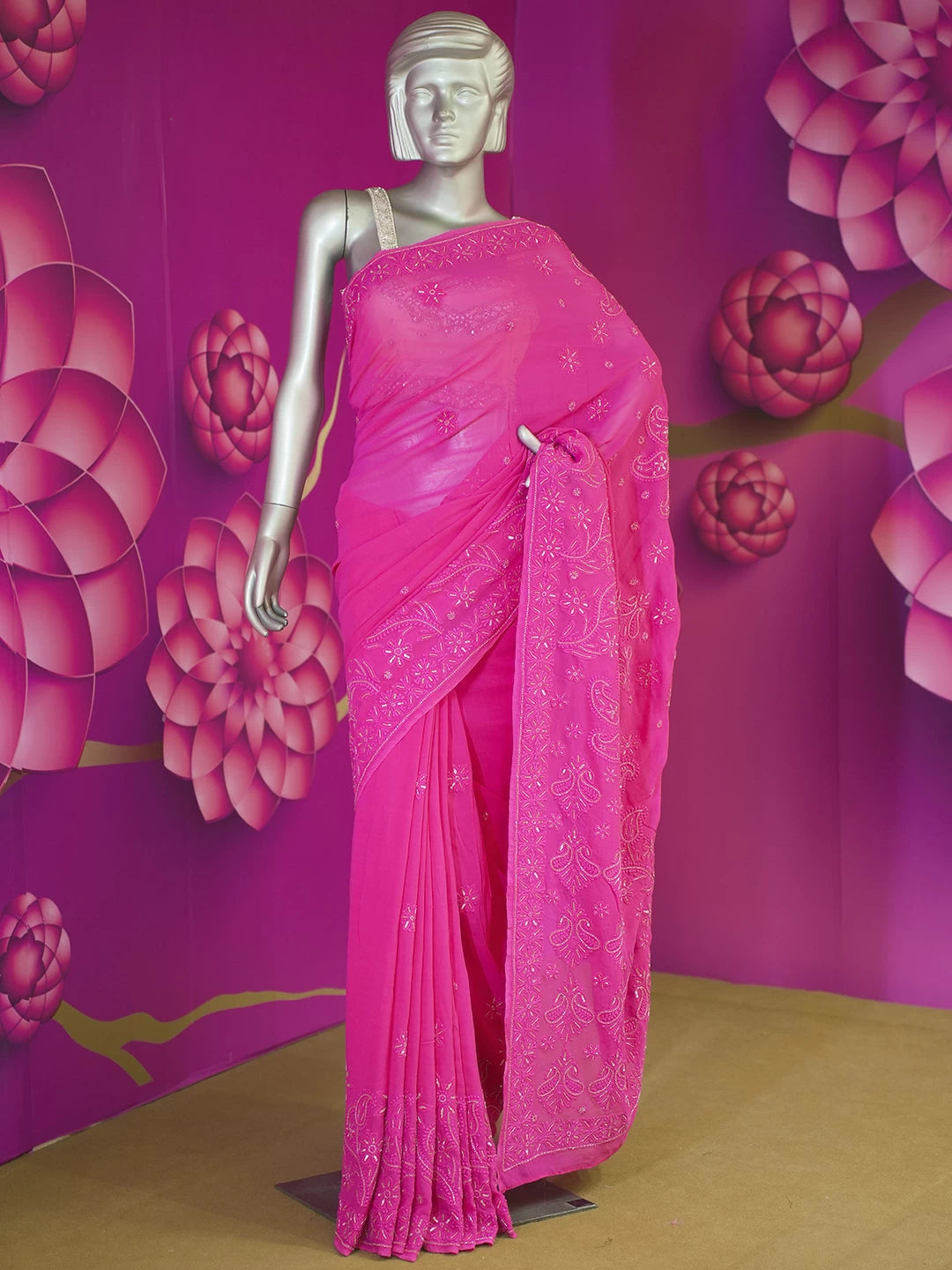 Ada Hand Embroidered Fuchsia Pink Viscose Georgette Lucknowi Chikankari Saree With Blouse And Sequins Work 01A454383