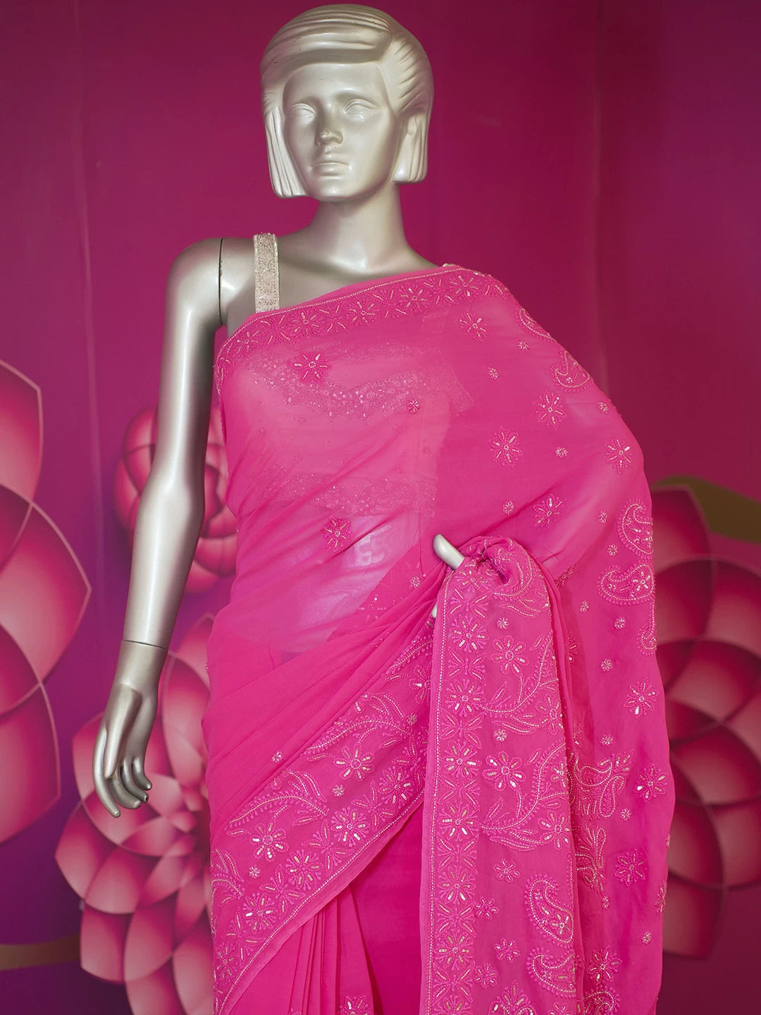 Ada Hand Embroidered Fuchsia Pink Viscose Georgette Lucknowi Chikankari Saree With Blouse And Sequins Work 01A454383