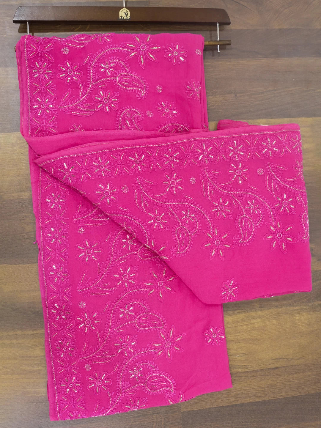 Ada Hand Embroidered Fuchsia Pink Viscose Georgette Lucknowi Chikankari Saree With Blouse And Sequins Work 01A454383