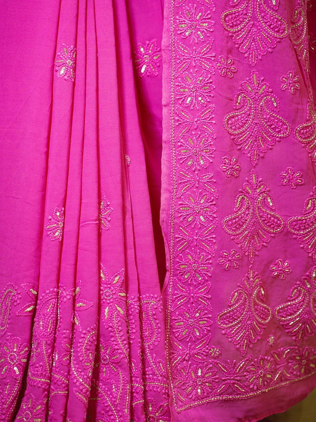 Ada Hand Embroidered Fuchsia Pink Viscose Georgette Lucknowi Chikankari Saree With Blouse And Sequins Work 01A454383