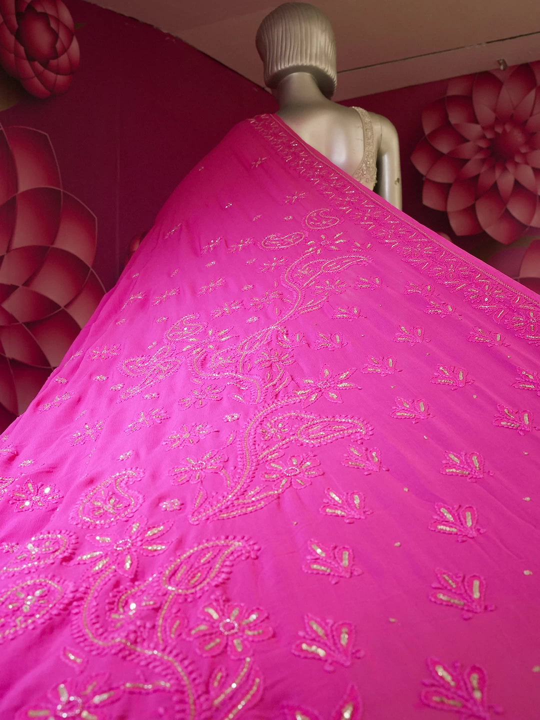 Ada Hand Embroidered Fuchsia Pink Viscose Georgette Lucknowi Chikankari Saree With Blouse And Sequins Work 01A454383